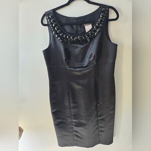 Jessica Vintage Black Satin Mini Dress with Embellished Neckline